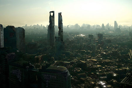 a ruined cityscape in daytime